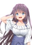  :d apron arm_at_side arm_up bare_shoulders blue_eyes blush breasts detached_sleeves fringe_trim hair_between_eyes holding holding_hair large_breasts long_hair looking_at_viewer murata_taichi open_mouth original purple_hair round_teeth shirt short_sleeves simple_background smile solo standing teeth upper_body upper_teeth very_long_hair white_background white_shirt wide_sleeves 
