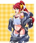  circlet collarbone commentary_request costume earrings forehead_protector green_eyes highres iesupa jewelry long_hair midriff navel ponytail pyrrha_nikos red_hair rwby solo tank_top thighhighs 