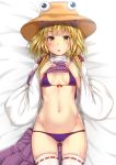  ass_visible_through_thighs bangs bed_sheet bikini blonde_hair blush breasts brown_hat cameltoe commentary_request covered_nipples cowboy_shot ebi_193 eyebrows_visible_through_hair front-tie_bikini front-tie_top groin hair_ribbon hands_up hat lifted_by_self long_sleeves looking_at_viewer lying moriya_suwako navel on_back open_mouth purple_bikini purple_skirt purple_vest red_ribbon ribbon ribbon-trimmed_legwear ribbon_trim shiny shiny_skin short_hair sidelocks skirt skirt_removed small_breasts solo stomach swimsuit thighhighs thighs touhou vest vest_lift white_legwear wide_sleeves yellow_eyes 