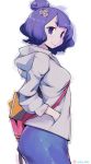  bag blue_pants book breasts casual commentary english_commentary eric_muentes fate/grand_order fate_(series) flower from_side hair_bun hair_flower hair_ornament hairpin hand_in_pocket hood hood_down hoodie katsushika_hokusai_(fate/grand_order) light_smile looking_at_viewer medium_breasts pants purple_eyes short_hair solo strap_slip thick_thighs thighs white_background yoga_pants 