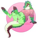  anus arm_support bottomless breasts claws clothed clothing crocodilian female green_body green_scales legs_up looking_at_viewer non-mammal_breasts presenting pussy reclining reptile scales scalie seamen sharp_teeth smile solo sweater teeth thick_tail thick_thighs yellow_eyes 