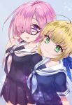  artoria_pendragon_(all) black_serafuku closed_mouth collarbone eyebrows_visible_through_hair eyewear_visible_through_hair fate/grand_order fate_(series) glasses green_eyes highres lavender_hair mash_kyrielight master_artoria open_mouth pink_hair purple_eyes saber school_uniform serafuku sha2mo simple_background smile 