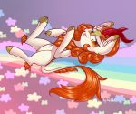  2018 amber_eyes autumn_blaze_(mlp) blep blush brown_mane cloven_hooves cute dsp2003 eyebrows eyelashes female feral flower friendship_is_magic half-closed_eyes hi_res hooves horn inner_ear_fluff kirin looking_at_viewer lying mane my_little_pony navel nude on_back plant portrait purple_background rainbow signature silly simple_background solo stripes tongue tongue_out 