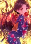  aerial_fireworks ass ayanami_(kantai_collection) bangs blue_kimono blurry blurry_background blush brown_eyes brown_hair candy_apple commentary_request covered_mouth depth_of_field eyebrows_visible_through_hair fan fireworks food highres holding holding_food japanese_clothes kantai_collection kimono leaf_print leaning_forward long_hair long_sleeves minarai_shachou night night_sky obi outdoors paper_fan parted_bangs print_kimono sash sky sleeves_past_wrists solo twintails uchiwa very_long_hair wide_sleeves 