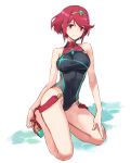  black_swimsuit blush breasts closed_mouth commentary_request covered_navel full_body highres homura_(xenoblade_2) large_breasts light_smile looking_at_viewer one-piece_swimsuit red_eyes red_hair red_swimsuit short_hair simple_background sitting sketch smile solo swimsuit tugo wariza white_background xenoblade_(series) xenoblade_2 