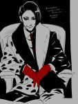  artist_name asymmetrical_clothes black_background black_hair chair dalmatian_print dated disneyland fur_collar gloves highres looking_at_viewer male_focus mr._dalmatia necktie recruiters_(disney) red_gloves simple_background sitting smirk solo toboso_yana 