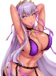  armpits arms_up bb_(fate)_(all) bb_(swimsuit_mooncancer)_(fate) belt bikini blush breasts cleavage commentary condom condom_in_mouth condom_wrapper crimecrime fate/grand_order fate_(series) hair_ornament hair_ribbon highres large_breasts long_hair looking_at_viewer mouth_hold navel purple_bikini purple_eyes purple_hair purple_ribbon ribbon smile solo star star_hair_ornament swimsuit tan very_long_hair white_background 