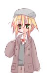  bangs beret blonde_hair blush brown_coat brown_pants coat collared_shirt commentary_request eyebrows_visible_through_hair flying_sweatdrops green_eyes grey_hat hair_between_eyes hand_up hat hono long_sleeves looking_at_viewer lowres official_art open_clothes open_coat pants parted_lips shirt sidelocks simple_background sleeves_past_wrists smile solo sora_(suguri) suguri sweater_vest white_background white_shirt 
