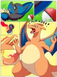  2018 animal_genitalia anthro blue_eyes blue_fur charizard comic deerrobin duo fangs female fire fur genital_slit looking_pleasured lucario male nintendo open_mouth orange_skin pok&eacute;ball pok&eacute;mon pok&eacute;mon_(species) slit video_games wings 