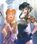  belt black_hair blush bomssp cape commentary_request dress fantasy fire_emblem fire_emblem:_seisen_no_keifu gloves gold_trim highres lakche_(fire_emblem) lana_(fire_emblem) loose_belt multiple_girls open_mouth orange_hair purple_eyes short_hair smile staff 