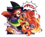  bangs black_footwear black_hat boots cape dragon_quest dragon_quest_iii dress fang feathers gloves green_dress hat holding holding_staff mage_(dq3) mawaru_(mawaru) open_mouth orange_cape orange_gloves red_hair red_legwear short_hair solo staff swept_bangs v-shaped_eyebrows wizard_hat 