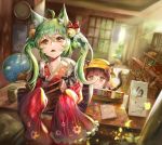  absurdres ahoge akashi_(azur_lane) animal_ears azur_lane bell blurry blurry_background bow box brown_hair cat_ears cat_girl clock eyebrows_visible_through_hair fan green_hair hair_bell hair_bow hair_ornament haribo_kanten hat highres lifebuoy_hair_ornament light_rays long_hair multiple_girls mutsuki_(azur_lane) notepad open_mouth paper_fan short_hair sleeves_past_fingers sleeves_past_wrists sliding_doors star star-shaped_pupils sunbeam sunlight symbol-shaped_pupils table tail twintails uchiwa very_long_sleeves wall_clock yellow_eyes 