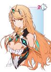  armor bad_id bad_pixiv_id bangs bare_shoulders blonde_hair breasts cleavage cleavage_cutout commentary_request earrings gem headpiece highres hikari_(xenoblade_2) jewelry large_breasts long_hair looking_at_viewer q-pra solo swept_bangs tiara xenoblade_(series) xenoblade_2 yellow_eyes 