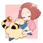  blush brown_hair closed_eyes commentary_request crossover do_m_kaeru gen_2_pokemon heart holding holding_pokemon hug mareep okumura_haru persona persona_5 pink_sweater pokemon pokemon_(creature) ribbed_sweater sheep short_hair smile spoken_heart sweater twitter_username 