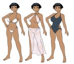  bare_arms bare_legs bare_shoulders bikini black_eyes black_hair black_swimsuit breasts cleavage closed_mouth commentary_request dark_skin halterneck hand_on_hip jewelry large_breasts multiple_views navel necklace nefertari_(tsukudani) one-piece_swimsuit original sarong short_hair smile swimsuit tsukudani_(coke-buta) white_bikini 