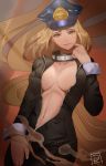  1girl black_bodysuit blonde_hair bodysuit boku_no_hero_academia breasts cleavage collar collarbone facing_viewer finger_to_mouth hat highres kemii_(boku_no_hero_academia) large_breasts lips long_hair looking_at_viewer navel no_bra parted_lips peaked_cap skin_tight smile solo standing unzipped utsushimi_kemii yellow_eyes ymslwn 