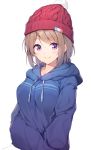  bangs beanie blue_hoodie blush bobblehat brown_hair closed_mouth commentary_request drawstring eyebrows_visible_through_hair french_flag hands_in_pocket hands_in_pockets hat highres hood hood_down hoodie long_sleeves looking_at_viewer nijihashi_sora original purple_eyes red_hat short_hair simple_background smile solo swept_bangs upper_body upper_teeth white_background 
