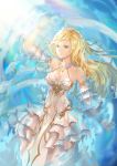  absurdres afloat angelia bad_id bad_pixiv_id bare_shoulders blonde_hair bracelet breasts cleavage commentary detached_collar detached_sleeves dress gold_trim green_eyes highres jewelry long_hair medium_breasts parted_lips sdorica_-sunset- solo sunlight tiara uanuan white_dress 