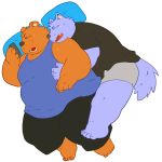  2017 anthro arufina_w bear clothing duo eyes_closed hug humanoid_hands male mammal overweight overweight_male pants phone pillow shirt simple_background white_background 