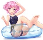  :d barefoot breasts doki_doki_literature_club eyebrows_visible_through_hair feet hair_ornament hair_ribbon highres innertube looking_at_viewer medium_breasts naka natsuki_(doki_doki_literature_club) one-piece_swimsuit open_mouth pink_eyes pink_hair red_ribbon ribbon school_swimsuit shiny shiny_clothes short_hair smile solo swimsuit two_side_up v white_background 