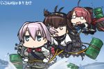  ahoge black_gloves blue_eyes blue_sky bodysuit brown_eyes brown_hair cannon commentary_request dated drum_(container) elbow_gloves fingerless_gloves flying_sweatdrops gloves hairband hamu_koutarou hatsuzuki_(kantai_collection) headband kantai_collection kawakaze_(kantai_collection) long_hair low_twintails machinery multiple_girls neck_ribbon o_o ocean open_mouth ponytail purple_hair red_hair red_ribbon ribbon rope rope_train school_uniform serafuku shiranui_(kantai_collection) short_hair sky standing standing_on_liquid twintails walking walking_on_liquid white_gloves 