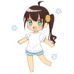  :d bangs barefoot blue_shorts blush_stickers brown_hair chibi eyebrows_visible_through_hair flower green_eyes hair_between_eyes hair_flower hair_ornament head_tilt long_hair looking_at_viewer niizato_aoi non_non_biyori open_mouth shika_(s1ka) shirt short_shorts short_sleeves shorts side_ponytail simple_background smile solo standing standing_on_one_leg sunflower_hair_ornament white_background white_shirt yellow_flower 