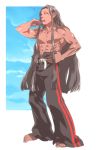  1boy abs barefoot black_hair dark_skin fate/grand_order fate_(series) geronimo_(fate/grand_order) kbtmsboy long_hair male_focus muscle native_american shirtless solo standing toes yawning 