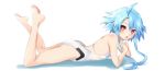  :o bare_legs bare_shoulders barefoot blue_hair commentary_request elbow_rest feet_up from_side full_body hair_between_eyes iwasi-r leotard looking_at_viewer lying neptune_(series) on_stomach power_symbol red_eyes short_hair_with_long_locks simple_background solo symbol-shaped_pupils white_background white_heart 