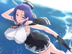  bifidus black_gloves breasts capelet commentary_request covered_nipples glaive gloves kantai_collection large_breasts mechanical_halo parted_lips purple_eyes purple_hair remodel_(kantai_collection) short_hair skirt solo tatsuta_(kantai_collection) water 