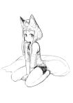  ahoge animal_ear_fluff animal_ears bare_legs between_legs blush commentary fox_ears fox_girl_(jaco) fox_tail greyscale hand_between_legs jaco large_tail looking_at_viewer monochrome off_shoulder original see-through seiza shirt short_eyebrows short_hair short_hair_with_long_locks shorts sidelocks simple_background single_bare_shoulder sitting solo tail thick_eyebrows white_background 