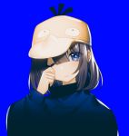  arm_up blue_background blue_eyes blue_shirt brown_hair character_print closed_mouth commentary_request flat_cap gen_1_pokemon hat head_tilt long_hair long_sleeves looking_at_viewer one_eye_closed original pokemon prophet_chu psyduck puffy_long_sleeves puffy_sleeves revision rubbing_eyes shirt simple_background solo twitter_username yellow_hat 
