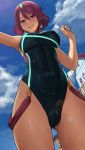  1girl armpits ass_visible_through_thighs bangs bare_shoulders beach_house black_hair black_swimsuit blue_sky breasts cameltoe circlet cloud competition_swimsuit covered_navel covered_nipples day earrings from_below grin hair_between_eyes head_tilt highres homura_(xenoblade_2) jewelry jpeg_artifacts large_breasts lasterk lens_flare looking_at_viewer looking_down one-piece_swimsuit open_mouth parted_lips red_eyes red_hair rex_(xenoblade_2) short_hair shoulder_armor sidelocks skin_tight sky smile solo_focus swept_bangs swimsuit teeth thighs tiara water xenoblade_(series) xenoblade_2 