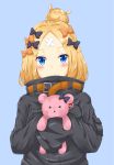  abigail_williams_(fate/grand_order) absurdres ainna_(kekai) bangs black_bow black_jacket blonde_hair blue_background blue_eyes blush bow character_name closed_mouth commentary crossed_bandaids eyebrows_visible_through_hair fate/grand_order fate_(series) hair_bow hair_bun heroic_spirit_traveling_outfit highres jacket long_hair long_sleeves object_hug orange_bow parted_bangs polka_dot polka_dot_bow revision simple_background sleeves_past_fingers sleeves_past_wrists smile solo stuffed_animal stuffed_toy teddy_bear 