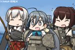 3girls :d ahoge blue_sky blush bow bow_(weapon) bowtie closed_eyes commentary_request dated day flying_sweatdrops grey_hair hair_between_eyes hairband hamu_koutarou ise_(kantai_collection) japanese_clothes kantai_collection kiyoshimo_(kantai_collection) long_hair low_twintails multiple_girls muneate ocean open_mouth ribbon-trimmed_sleeves ribbon_trim shoukaku_(kantai_collection) sky smile sparkling_eyes sweat sword twintails undershirt weapon white_hair 