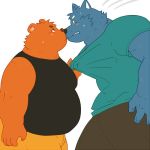  2017 anthro arufina_w bear belly blue_fur blush brown_fur canine clothing duo fur humanoid_hands kissing male mammal overweight overweight_male pants shirt simple_background white_background wolf 