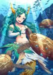 :d air_bubble alsea aqua_eyes aqua_hair bare_shoulders breasts bubble commentary_request fantasy gloves hestia_(sdorica_-sunset-) horns long_hair medium_breasts mermaid monster_girl navel open_mouth revision school_of_fish sdorica_-sunset- smile sunlight turtle underwater very_long_hair white_gloves 