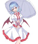  :d bat_wings blue_hair blush breasts center_frills commentary dress feet_out_of_frame frilled_dress frilled_shirt_collar frills head_tilt holding holding_umbrella juliet_sleeves junior27016 long_sleeves looking_at_viewer medium_breasts no_hat no_headwear open_mouth pointy_ears puffy_sleeves red_eyes remilia_scarlet short_hair simple_background smile solo standing touhou umbrella white_background white_dress white_umbrella wings 