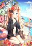  abigail_williams_(fate/grand_order) absurdres animal animal_on_head bangs bare_legs barefoot beach bikini black_jacket blonde_hair blue_bikini blue_eyes blue_sky blush bow closed_mouth cloud collarbone commentary_request crazy_straw crossed_bandaids day drinking_straw dutch_angle eyebrows_visible_through_hair fate/grand_order fate_(series) flower hair_bow hair_flower hair_ornament hands_up heart_straw highres hood hood_down hooded_jacket horizon innertube jacket long_hair long_sleeves navel ocean octopus on_head orange_bow outdoors parfait parted_bangs red_flower rock rot_zzi sand sitting sky sleeves_past_fingers sleeves_past_wrists smile solo stuffed_animal stuffed_toy swimsuit teddy_bear twintails very_long_hair wariza water yellow_flower 