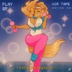  2018 anime anthro big_breasts bluethebone breasts brown_fur brown_hair brown_nose canine captions cleavage clothed clothing dialogue digital_media_(artwork) dog dogmom english_text exercise eyelashes female fully_clothed fur hair huge_breasts legwear looking_at_viewer mammal mature_female nipple_bulge pink_bottomwear retro saluki shiny snout solo standing subtitled tan_fur tan_hair text thick_thighs tights vcr voluptuous white_topwear workout yellow_eyes 