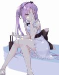  arm_support armlet bag bangs bare_legs bare_shoulders black_bow blush bow bowtie breasts covered_mouth dress euryale fate/grand_order fate_(series) fingernails frilled_dress frills hair_bow hair_ribbon hairband hand_on_own_face handbag highres holding holding_bag knees_together_feet_apart large_bow lolita_hairband long_fingernails long_hair looking_at_viewer nail_polish ponytail purple_eyes purple_hair red_nails ribbon sandals side_ponytail simple_background sitting sleeveless sleeveless_dress solo sunlight sutaa_dasuto-kun very_long_hair white_background white_dress 