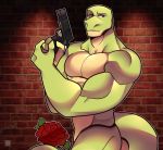  brick_wall brown_eyes flower green_skin gun lizard male muscular nude plant ranged_weapon reptile rose scalie solo spoctor_theory tehbluebubble weapon youtube 