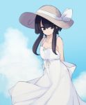  arms_behind_back bangs bare_shoulders black_hair blue_sky brown_hat closed_mouth cloud collarbone commentary_request day dress eyebrows_visible_through_hair hair_between_eyes hat long_hair looking_at_viewer natsuki_teru original outdoors shikibe_ayaka sidelocks sky sleeveless sleeveless_dress smile solo sun_hat sundress white_dress 