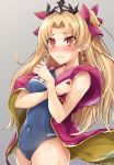  absurdres alternate_costume bangs bare_shoulders blonde_hair blue_swimsuit blush bow breast_hold breasts cape closed_mouth commentary_request contemporary covered_navel crown earrings embarrassed ereshkigal_(fate/grand_order) eyebrows_visible_through_hair fate/grand_order fate_(series) grey_background hair_bow highres jewelry long_hair looking_at_viewer name_tag one-piece_swimsuit parted_bangs red_cape red_eyes samoore school_swimsuit solo sweat sweatdrop swimsuit two_side_up wavy_mouth 