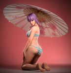  1girl ass ayane_(doa) back bandanna bare_arms bare_back bare_shoulders barefoot bikini breasts butt_crack curvy dead_or_alive feet hips holding holding_umbrella kneeling legs looking_back purple_hair red_eyes short_hair solo swimsuit thick_thighs thighs umbrella wide_hips x2gon 