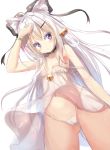  animal_ears arm_up ass_visible_through_thighs bangs bare_arms bell blush breasts cat_ear_panties cat_ears collarbone commentary_request dress dutch_angle eyebrows_visible_through_hair groin hair_bell hair_between_eyes hair_ornament hairclip jingle_bell long_hair na!?_(naxtuyasai) navel original panties purple_eyes see-through silver_hair simple_background sleeveless sleeveless_dress small_breasts solo strap_slip underwear very_long_hair white_background white_dress white_panties 