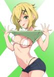  :} ;p akatsuki_kirika arched_back bare_arms bikini black_shorts blonde_hair blush breasts cleavage closed_mouth contrapposto cowboy_shot flashing from_side green_background green_eyes hair_between_eyes hair_ornament highleg highleg_bikini kurihara_kenshirou lifted_by_self looking_at_viewer looking_to_the_side medium_breasts micro_bikini micro_shorts navel one_eye_closed open_clothes open_fly open_pants open_shorts outstretched_hand ribs senki_zesshou_symphogear shirt_lift short_hair shorts sideboob solo standing string_bikini swimsuit swimsuit_under_clothes tongue tongue_out twisted_torso underboob white_bikini x_hair_ornament 