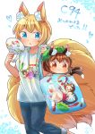  :3 :o alternate_costume animal_ear_fluff animal_ears bag blonde_hair blue_eyes brown_hair cat_ears cat_tail chen commentary_request fan fox_ears fox_tail handbag hat highres ibaraki_natou multiple_girls multiple_tails orange_eyes pants paper_fan shirt short_hair short_sleeves smile sukusuku_hakutaku tail touhou towel uchiwa yakumo_ran yakumo_yukari 