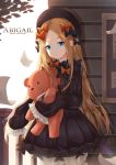  abigail_williams_(fate/grand_order) absurdres artist_name bangs black_bow black_dress black_hat blonde_hair bloomers blue_eyes bow bug butterfly character_name commentary_request day dress eyebrows_visible_through_hair fate/grand_order fate_(series) fence forehead hair_bow hat head_tilt highres insect long_hair long_sleeves looking_at_viewer object_hug orange_bow outdoors parted_bangs parted_lips polka_dot polka_dot_bow revision shirokun0824 sleeves_past_fingers sleeves_past_wrists solo stuffed_animal stuffed_toy teddy_bear underwear very_long_hair white_bloomers 