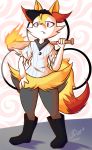 2017 anthro braixen bypolter canine clothed clothing cute_fangs female fluffy full_body looking_at_viewer mammal nintendo off_(game) pok&eacute;mon pok&eacute;mon_(species) simple_background snout solo standing the_batter_(off) video_games 