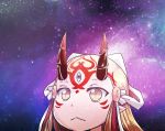  :3 blonde_hair commentary face facial_tattoo fate/grand_order fate_(series) hair_ornament ibaraki_douji_(fate/grand_order) looking_to_the_side oni oni_horns slit_pupils solo space space_cat_(meme) tattoo yellow_eyes yume_(i_think.) 